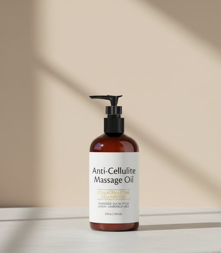 Bottle of Anti-Cellulite Massage Oil on a beige background