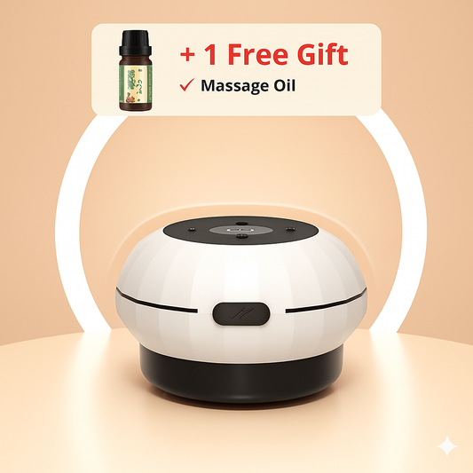 White and black electronic device with massage oil bottle on beige background