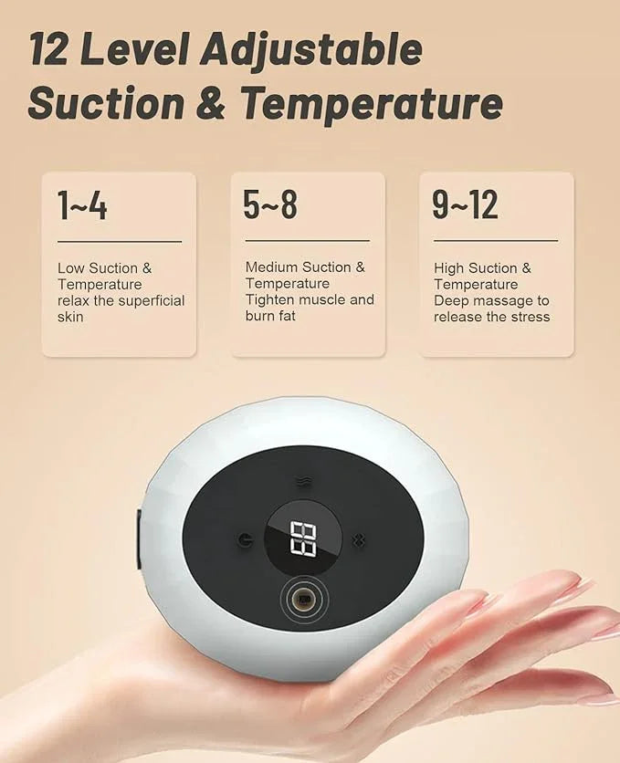 12-level adjustable suction and temperature control device with hand holding it, on a beige background.