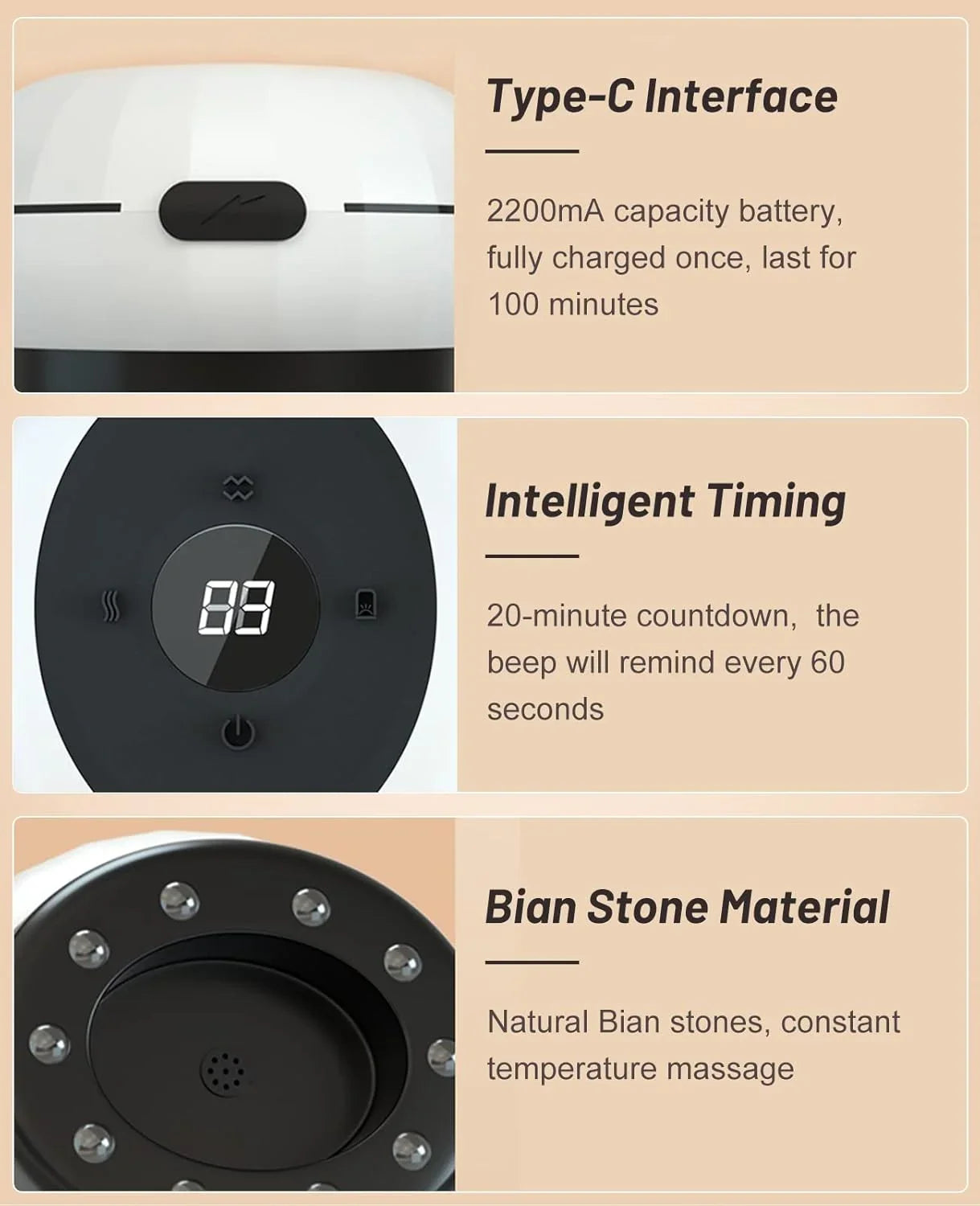Product features including Type-C interface, battery capacity, intelligent timing, and Bian stone material on a beige background.