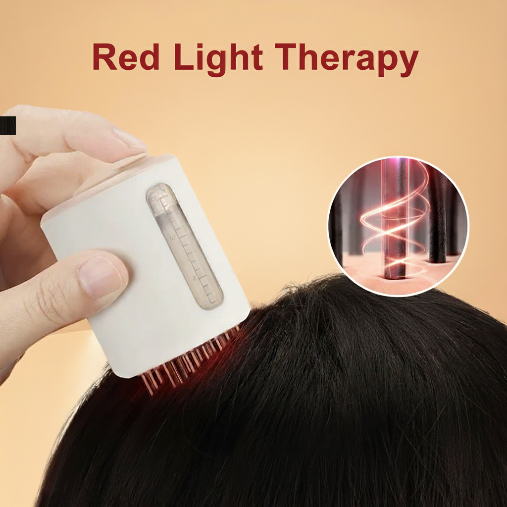 Red light therapy device being used on hair with 'Red Light Therapy' text above.