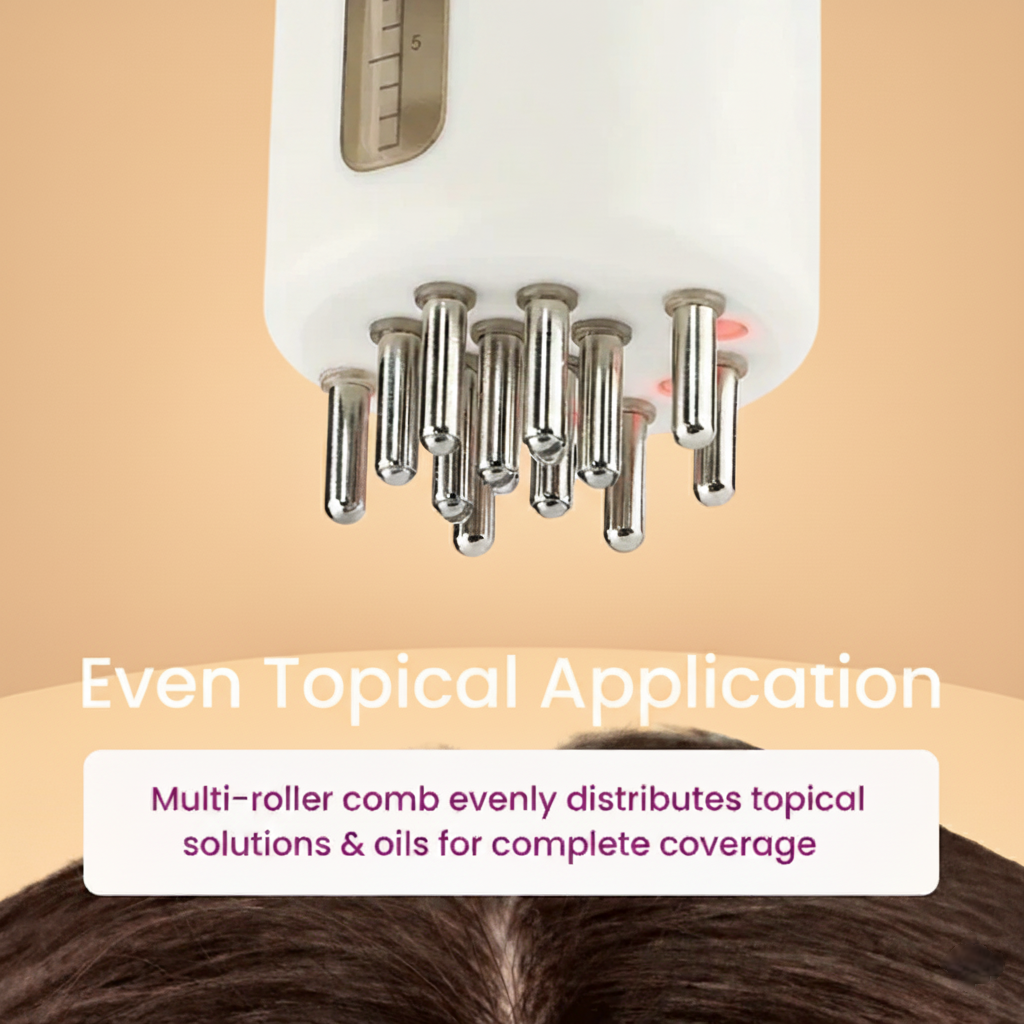 Multi-roller comb being used on hair with text about even topical application.