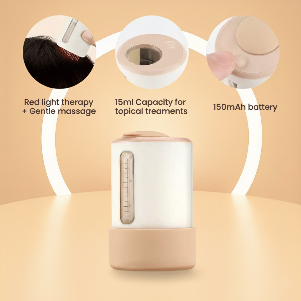 Portable device with red light therapy and massage functions on a beige background