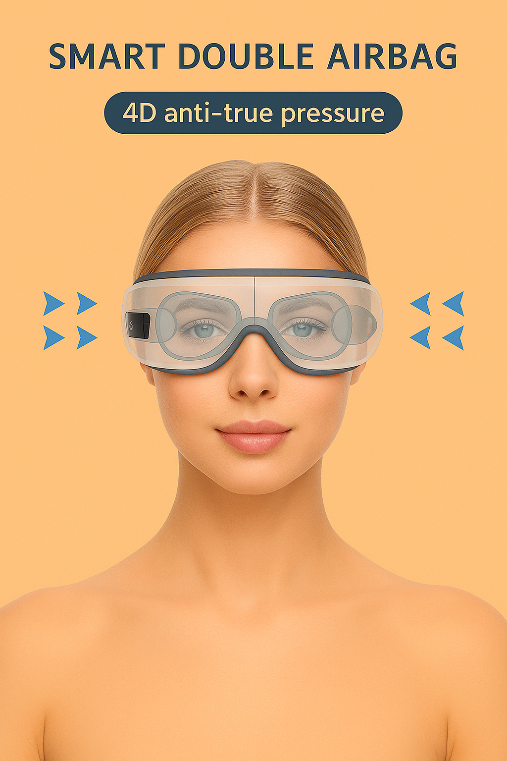 Woman wearing a smart eye mask with text about 4D anti-true pressure on an orange background