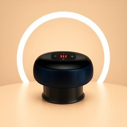 Black circular device with digital display on a beige background