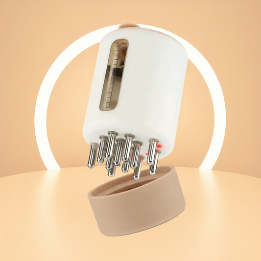 White electronic device with metallic prongs on a beige background