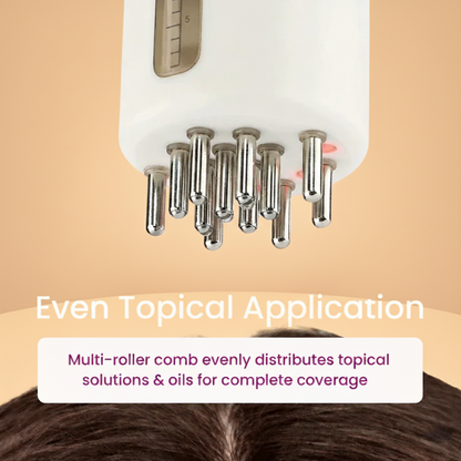 Multi-roller comb being used on hair with text about even topical application.