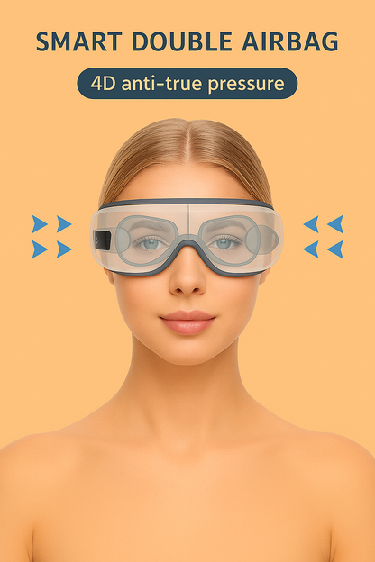 Woman wearing a smart eye mask with text about 4D anti-true pressure on an orange background