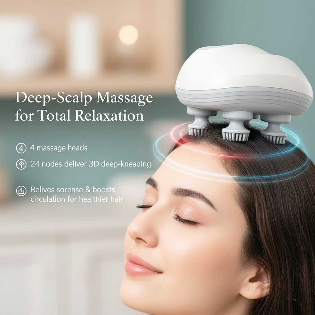 Woman receiving deep-scalp massage with a device, set against a blurred indoor background.